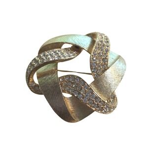 Vintage Brushed Gold Tone Round Rhinestone Brooch, Clear Crystal 2" Statement